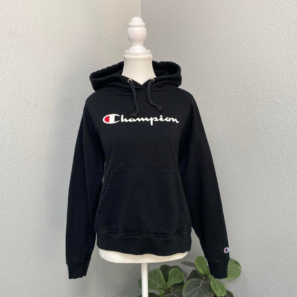 BLACK HOODIE SPELL OUT CHAMPION PULLOVER SWEATER ACTIVEWEAR GYM ATHLETIC WORKOUT